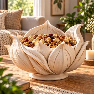 May include: A cream-coloured bowl shaped like an open lotus flower with layered, pointed petals. The bowl is filled with a variety of mixed nuts, including almonds, cashews, and pecans, along with dried berries, resting on a circular base.