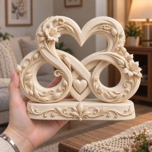 Puede incluir: Una escultura decorativa de color crema que presenta un símbolo de infinito entrelazado con formas de corazón. La pieza está adornada con intrincados detalles florales tallados, incluyendo flores y capullos, sobre una base rectangular con hojas.