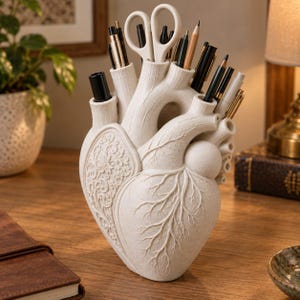Può includere: Un organizer da scrivania bianco a forma di cuore anatomico dotato di molteplici aperture cilindriche per riporre penne, matite e forbici. La superficie presenta intricati dettagli vascolari in rilievo e un motivo floreale decorativo su un lato, offrendo una soluzione funzionale per riporre gli articoli da ufficio.