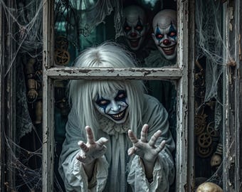 May include: A weathered wooden window frame draped in cobwebs, featuring a central figure with long white hair and clown makeup, two additional clown figures in the background, and a human skull with a metal key resting on the bottom ledge.