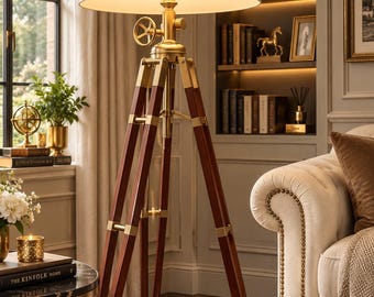 Lampadaire trépied vintage, projecteur industriel nautique, lampe trépied en bois de 165 cm, cadeau de Noël, décoration de salon luxueuse