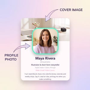 Puede incluir: Una tarjeta de perfil digital con una imagen de portada de un escritorio con una cámara y un cuaderno, una foto de perfil de una persona con camisa lavanda y el texto Maya Rivera, @mayamakes, Illustrator & short-form storyteller, Digital creator.