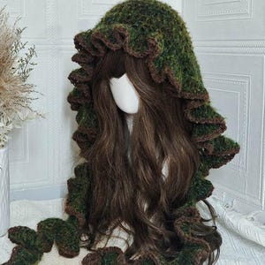 Handmade Crochet Jellyfish Hat, Forest Green & Brown Openwork Pixie Hood
