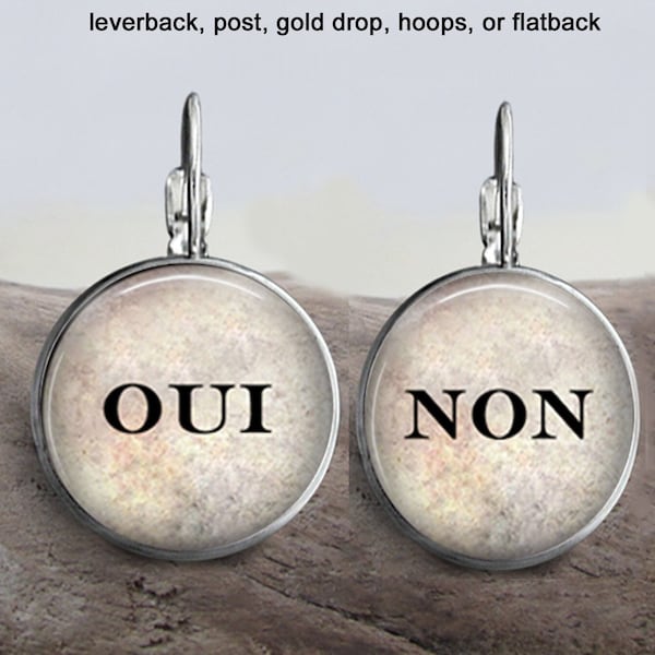 Oui Non French Stainless Earrings Jewelry - Choice of 5 Styles & 3 Sizes - All Stainless, 1 Gold 12mm Drop - French Leverback Earrings Gift