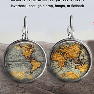 World Map Stainless Earrings Jewelry - Choice of 5 Styles & 3 Sizes - All Stainless, 1 Gold 12mm Drop - Stainless Hoop and Flatback Drop