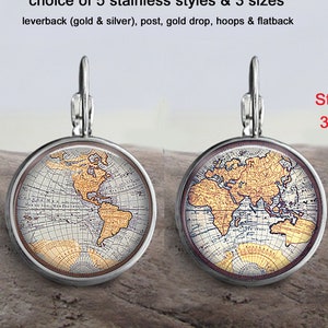 World Map Stainless Earrings Jewelry - Choice of 5 Styles & 3 Sizes - All Stainless, Gold or Silver - Stainless Hoop and Flatback Drop