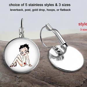 Betty Boop 2 Stainless Earrings Jewelry - Choice of 5 Styles & 3 Sizes - All Stainless, Gold or Silver - Stainless Hoop and Flatback Drop