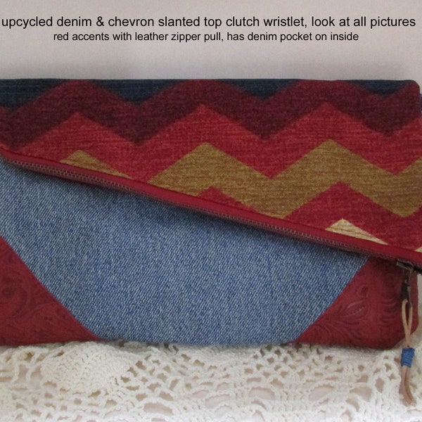 Denim Chevron Foldover Clutch Bag - Recycled Denim Handbag Wristlet -  Eco Couture Clutch With Leather Like Corners - Cute Multi Color Bag