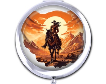 Western Cowgirl Compact Mirror - Compact with 2 Mirrors One is 2X - Holiday, Birthday, Anniversary, Girlfriend, Wedding - Cowgirl Gift Idea