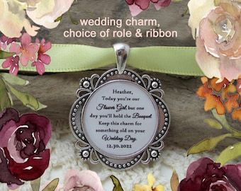 Wedding Bouquet Charm Gift 010 - Choose Bridesmaid, Flower Girl, Maid of Honor, Jr Bridesmaid - Choice of 11 Colors Ribbon - Wedding Charm