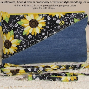 Sunflowers 2 and Denim Crossbody or Wristlet Bag - Gorgeous Sunflowers Crossbody or Clutch -  Eco Couture Clutch, Pockets - Sunflowers Gift