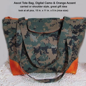 Ascot Tote Shoulder Handbag - Digital Camo and Orange Fabric - Camoflauge Purse Handbag - Large Tote 15 in 11 in 5 in - Camo Purse Gift Idea