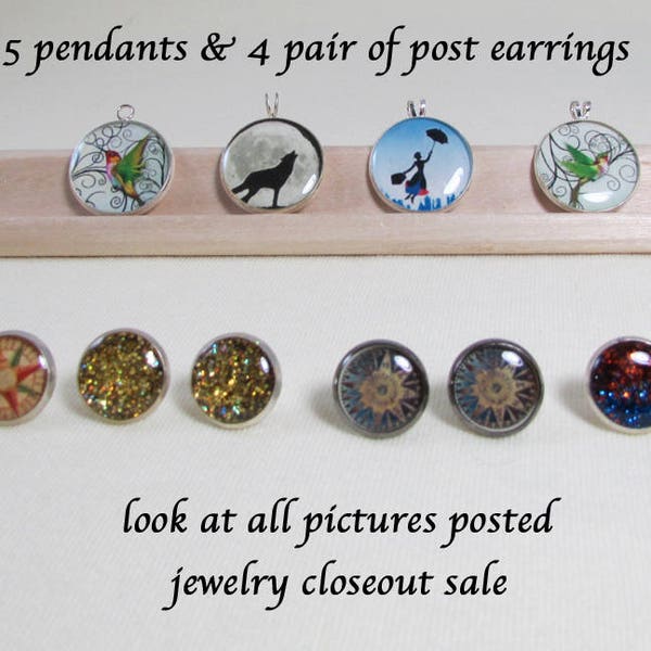 Jewelry Sale Closeout - 5 Pendants - 4 Pair Post Earrings - Hummingbirds, Mary Poppins, Marilyn Monroe, Wolf, Nautical, Glitter - Gift Idea