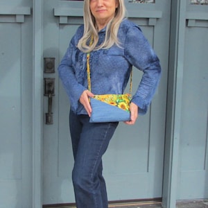 Sunflowers and Denim Crossbody or Wristlet Bag - Gorgeous Sunflowers Crossbody or Clutch -  Eco Couture Clutch, Pockets - Sunflowers Gift