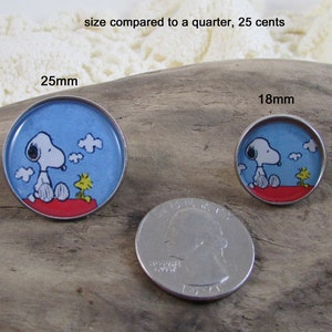 May include: Two round, metal pinback buttons with images of Snoopy and Woodstock. The larger button is 25mm in diameter and the smaller button is 18mm in diameter. The buttons are shown next to a US quarter for size comparison.