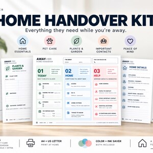 May include: A digital home handover kit featuring five printable pages with sections for pet care, plants, home details, and daily schedules. The documents include text labels like Home Essentials, Pet Care, and Help, organised in a clean, colour-coded layout.