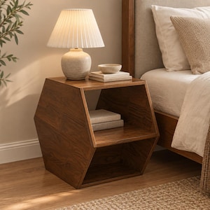 May include: A hexagonal wooden nightstand with a dark brown finish and two open storage compartments. The top surface holds a beige ceramic lamp with a pleated white shade, a small shallow bowl, and two stacked books, with another book inside.