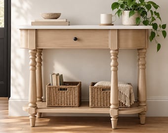 Small Half Moon Console Table with Drawer, Solid Wood Curved Entryway Table, Farmhouse Hallway Sofa Table with Open Shelf