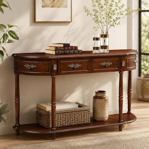 May include: A semi-circular wooden console table with a rich brown finish, featuring four drawers with ornate metal pulls, slender turned legs, and a lower shelf. The table holds three stacked books, two glass vases, a woven basket, and a ceramic vase.