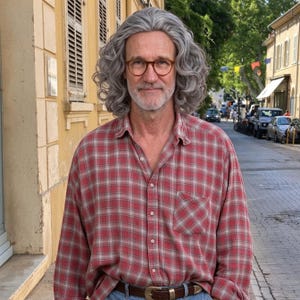 May include: A person with shoulder-length wavy grey hair and a beard wearing round brown-rimmed glasses and a long-sleeved red and white plaid button-down shirt with a single chest pocket, paired with a brown leather belt over blue denim jeans.