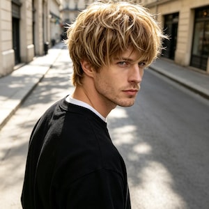 May include: A person with tousled, layered blonde hair featuring darker roots, wearing a plain black crew-neck sweatshirt over a white undershirt. The individual is captured from the side, looking back toward the camera with a neutral expression.
