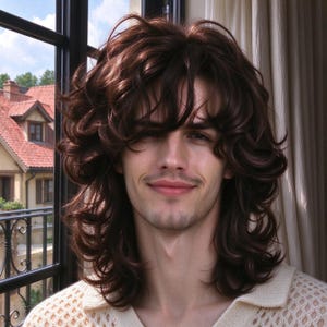 May include: A person with shoulder-length, dark brown hair styled in voluminous, loose curls with a layered cut and soft bangs. The hair has a natural, wavy texture that frames the face, with deep brown tones and subtle highlights throughout the strands.