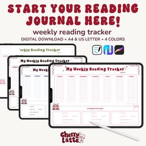 Puede incluir: Una plantilla digital de seguimiento de lectura semanal mostrada en cuatro tabletas, con el texto 'START YOUR READING JOURNAL HERE!' y 'My Weekly Reading Tracker'. El diseño incluye columnas para los días de la semana y secciones para títulos de libros, con un lápiz óptico blanco.