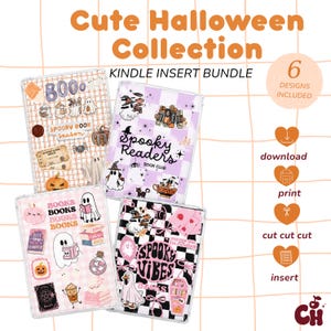 Puede incluir: Un paquete de insertos digitales para Kindle con cuatro diseños rectangulares con temas de Halloween. Los gráficos incluyen fantasmas, calabazas, libros y textos como Cute Halloween Collection, Spooky Book Season, Spooky Readers y Spooky Vibes. El conjunto incluye 6 diseños.
