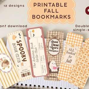 Puede incluir: Una colección de seis marcapáginas rectangulares de papel con diseños de temática otoñal, que incluyen un pato, fantasmas, calabazas y textos como Spooky Book Club, The Autumn Book Girlie Club, Just One More Chapter y All booked for fall.