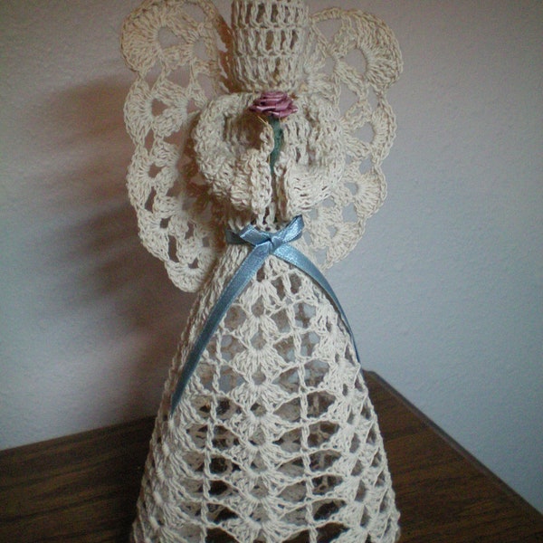 Crocheted Angel in Cream Thread Holding a Pink Silk Flower