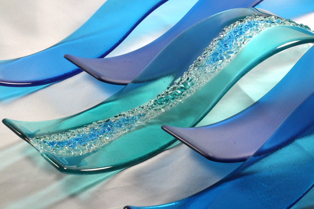Fused Glass Wall Art Sculptures LARGE 24 Length Ocean Waves, Beach