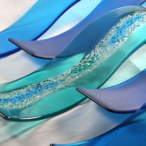 Fused Glass Wall Art Sculptures- LARGE 24” length-  Ocean Waves, Beach House Wall Art, Coastal Wall Art, Glass Ocean Decor, Ocean Wall Art