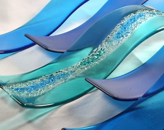 Fused Glass Wall Art Sculptures- Ocean Waves, Beach House Wall Art, Coastal Wall Art, Ocean Wall Art