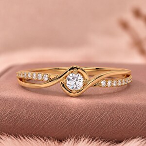 Round Lab Grown Diamond Engagement Ring, 5mm Infinity Twist Band, Pav Diamond Dainty Promise Ring, Bypass Shank Solid Gold Anniversary Ring