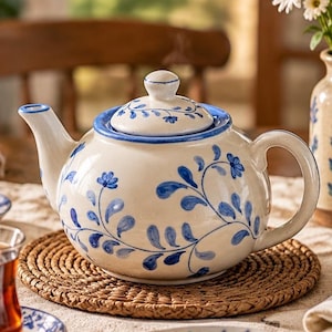 May include: A cream-colored ceramic teapot featuring hand-painted blue floral vine patterns, a matching lid with a knob, and a curved handle. The teapot is accompanied by two glass tea cups filled with dark tea and a matching ceramic vase.