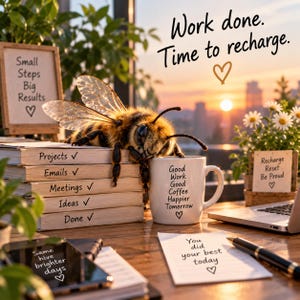 Può includere: Un'ape pelosa riposa su una pila di libri con compiti come Projects, Emails e Meetings. Una tazza bianca riporta la scritta Good Work, Good Coffee, Happier Tomorrow. Un biglietto dice You did your best today. Testo sopra: Work done. Time to recharge.