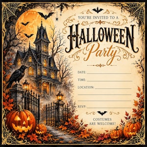 Può includere: Un invito per una festa di Halloween con una casa stregata, una luna piena, pipistrelli, un corvo nero e zucche intagliate. Il testo recita: You're invited to a Halloween Party, Date, Time, Location, RSVP, e Costumes are welcome.