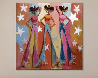 Abstract Cowgirl Hand Painted Oil Painting Fashion Women Wabi-Sabi Wall Art Large Western Modern Figurative Canvas Decor For Living Room