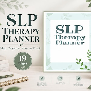 Può includere: Un pianificatore di terapia SLP di 19 pagine, con uno sfondo azzurro e illustrazioni di foglie verdi. Il testo recita SLP Therapy Planner, Plan. Organize. Stay on Track., e Better Communication Brighter Futures su una tazza.