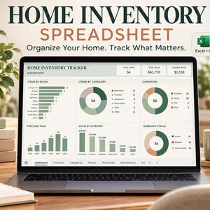 May include: A laptop screen displaying a home inventory spreadsheet dashboard with charts, graphs, and data tables. The interface includes sections for items by room, category, condition, purchase year, value, and warranty status for home tracking.