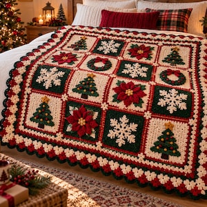 May include: A crocheted blanket featuring a grid of square panels with holiday motifs including Christmas trees, white snowflakes, red poinsettia flowers, and green wreaths. The blanket has a scalloped border in red, white, and dark green.