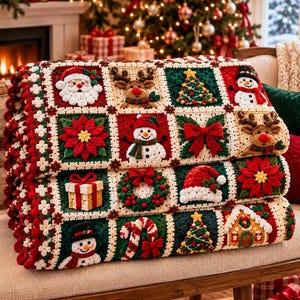 Op de afbeelding: Een gehaakte deken met een raster van feestelijke vierkanten met verhoogde, textuurrijke ontwerpen waaronder de Kerstman, rendieren, sneeuwpoppen, kerstbomen, kerststerren, een cadeau, een krans, een kerstmuts, een zuurstok en een peperkoekhuisje.