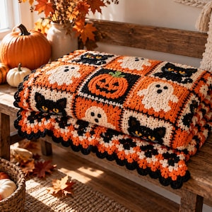 May include: A crocheted blanket featuring a repeating square pattern of black cats with yellow eyes, white ghosts, and orange jack-o'-lanterns. The blanket is bordered with a scalloped black and orange edge, showcasing intricate yarn work.