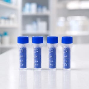 以下が含まれることがあります： 鮮やかな青いスクリューキャップが付いた4本の透明なプラスチック製実験用バイアル。各バイアルには青い固体物質が入っており、容器の側面には0.5、1.0、1.8mlのレベルを示す白い測定目盛りが印刷されています。