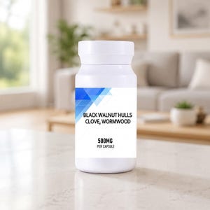 Puede incluir: Un frasco de suplemento de plástico blanco con tapa de rosca. La etiqueta presenta detalles geométricos azules y texto negro que dice: BLACK WALNUT HULLS CLOVE, WORMWOOD y 500MG PER CAPSULE. El frasco es cilíndrico con un acabado opaco.