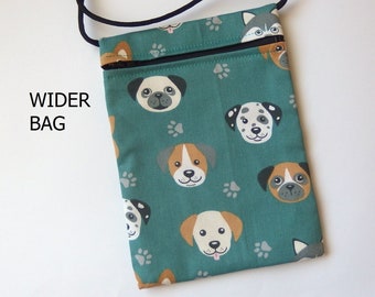 Pouch Zip Bag PUPPY DOGS cell phone pouch. small fabric purse. Great for walkers, markets, travel. cross body WIDER Bag 7.25" X 5.25"