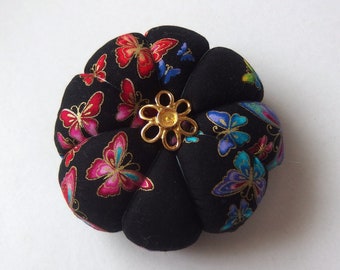 Pincushion BUTTERFLY fabric - Great for a sewing gift. Double Sided butterflies. Round Pincushion. gold accents. Black Gold pins holder