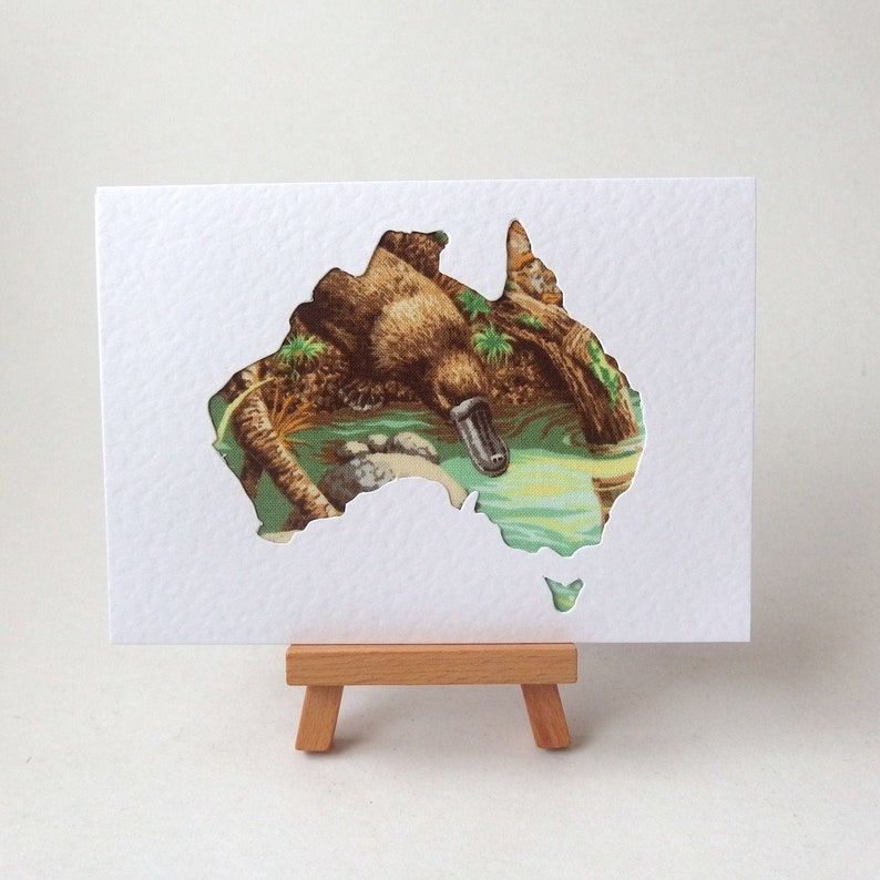 PLATYPUS Australia Fabric Greeting Card Blank Card 6 x 4 with envelope Textured note card. quilting fabric in cutout shape