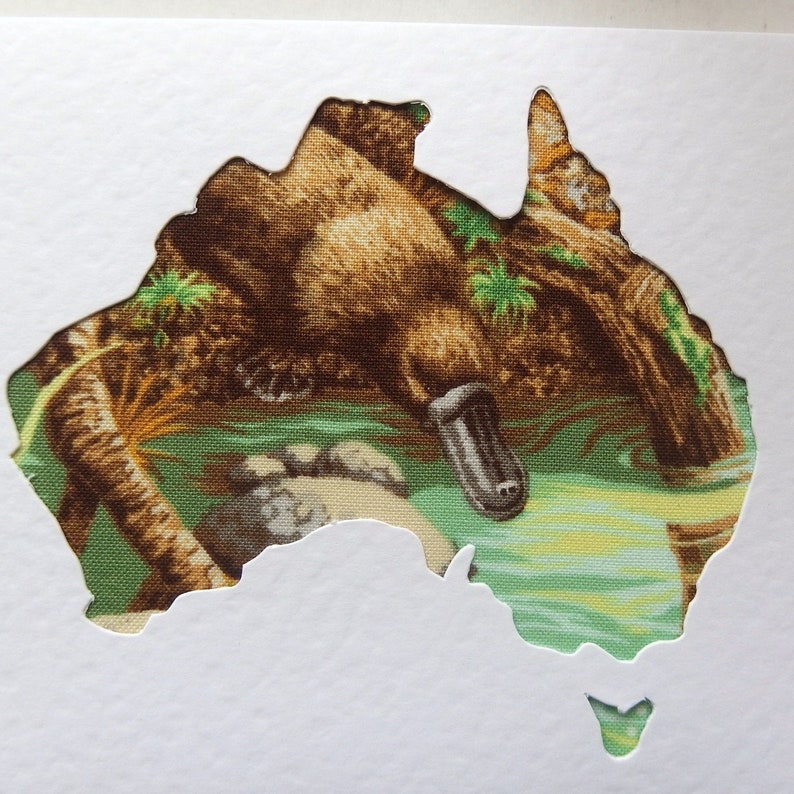 PLATYPUS Australia Fabric Greeting Card Blank Card 6 x 4 with envelope Textured note card. quilting fabric in cutout shape