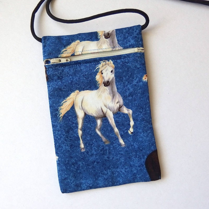 Pouch Zip Bag White HORSE Fabric Great for Walkers markets travel Cell phone pouch Small fabric Purse Ipod Pouch Blue pony bag 6.75x4.25